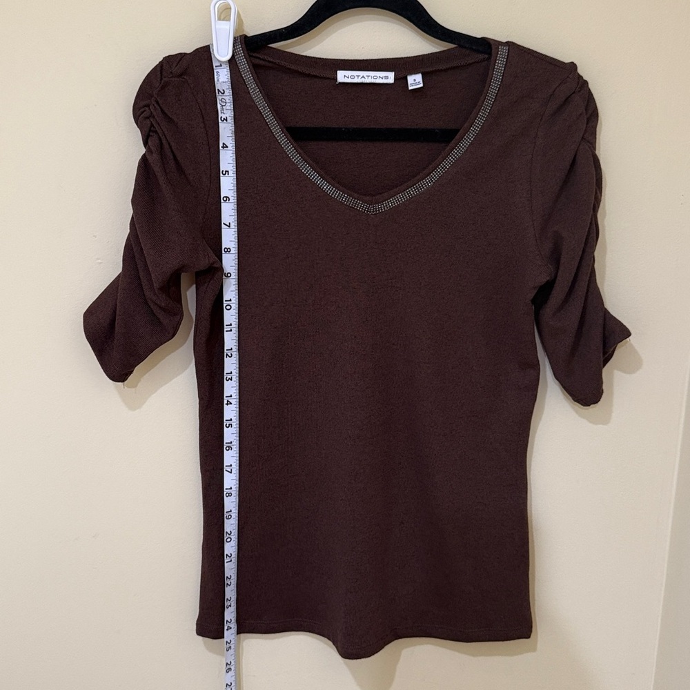 Notations Chocolate Short Sleeve Scrunchie Sleeve women’s blouse Size S Stretch - Picture 3 of 6